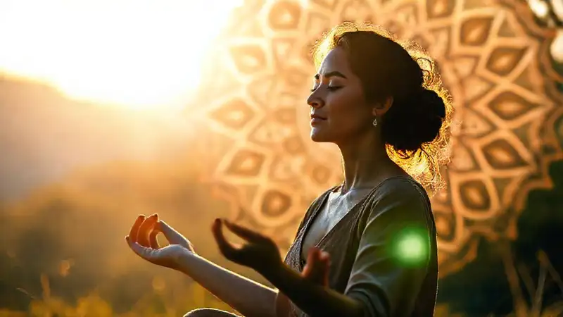 Mujer meditando en luz dorada