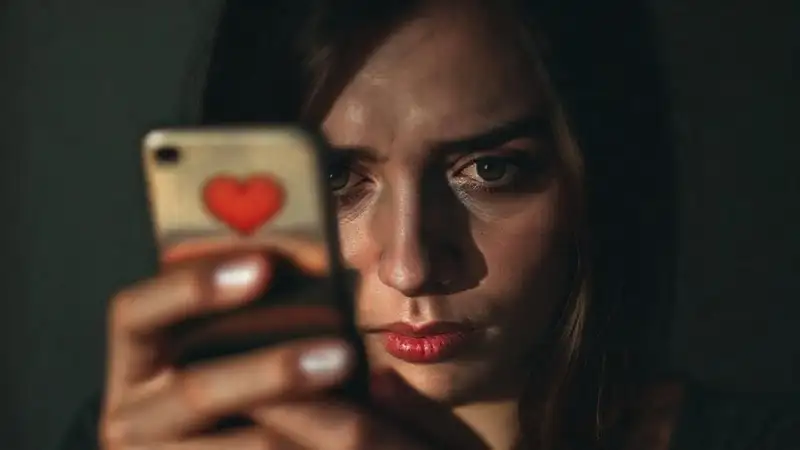 Mujer triste observa una imagen distorsionada