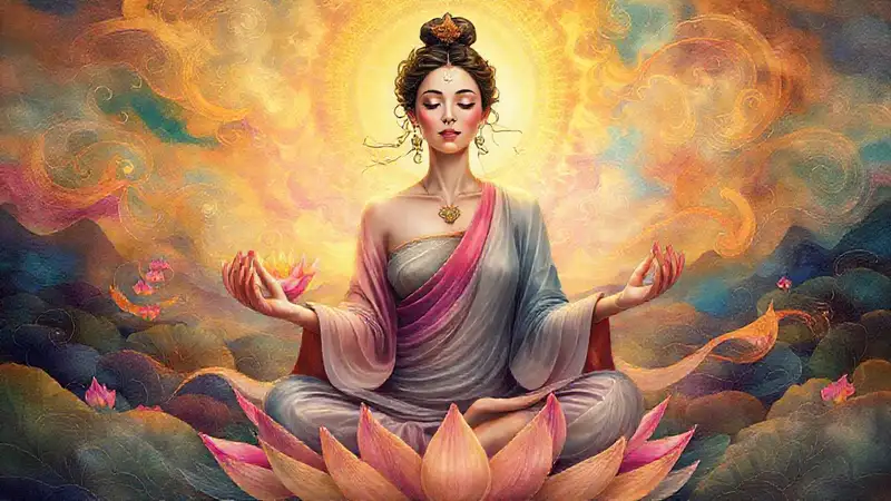 La mujer medita en paz serena