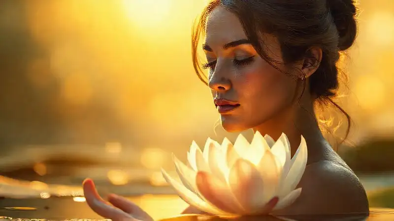 Mujer serena medita, irradiando paz y esperanza