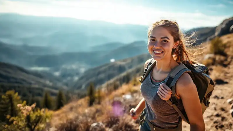 Joven aventurera sube con determinación