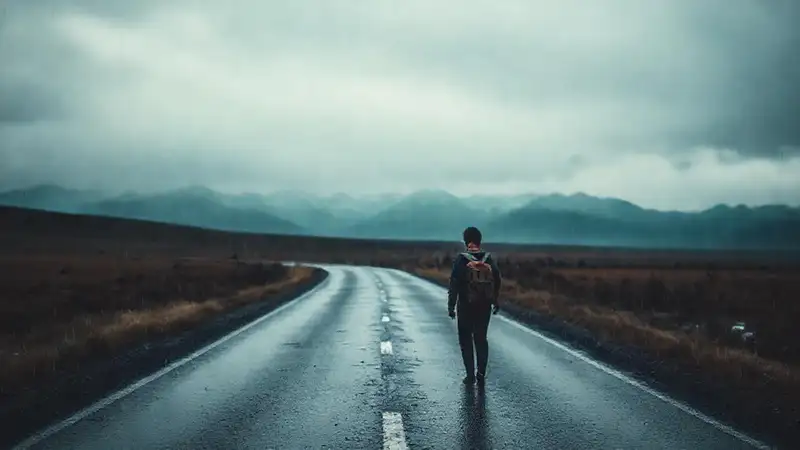 Un viajero solitario busca montañas lejanas