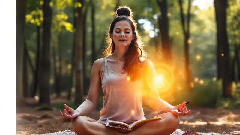 Mujer meditando encuentra paz en bosque