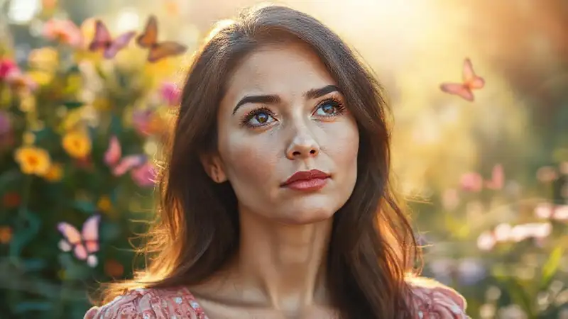 Mujer serena contempla un jardín esperanzador