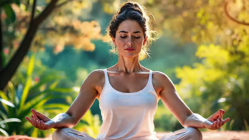 Mujer meditando en paz natural